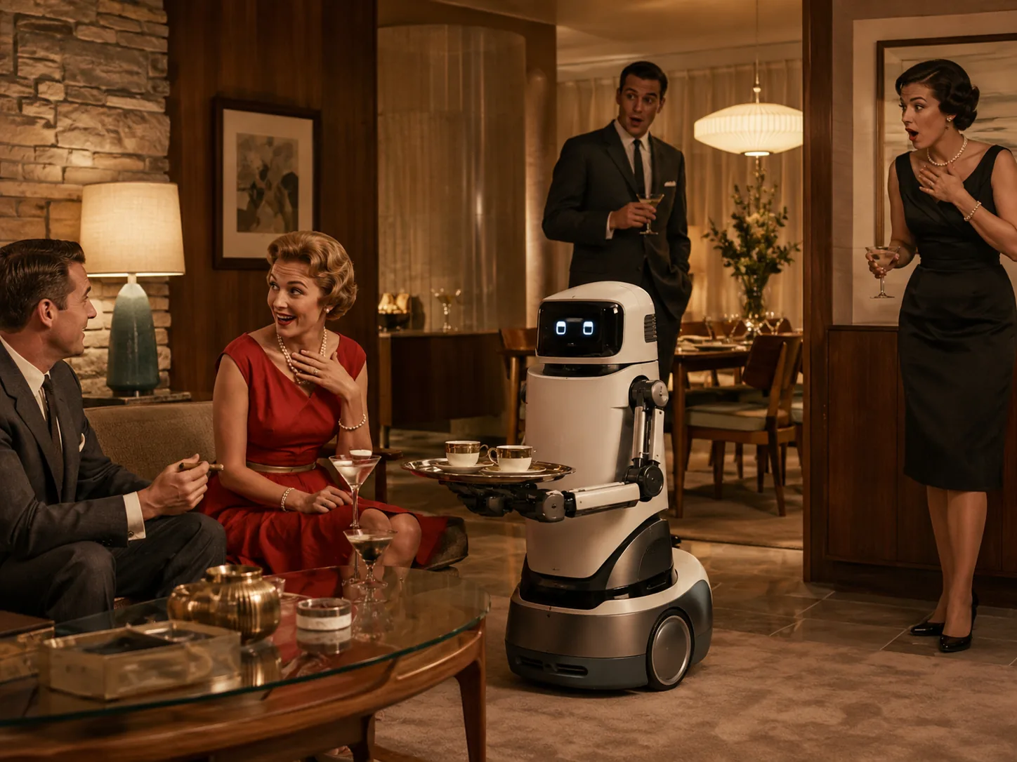 Period-style cocktail party scene with a modern household service robot