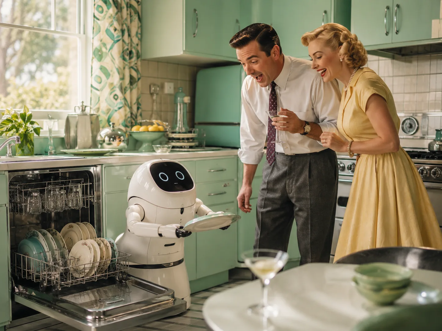 Period-style kitchen scene with a modern household robot at work