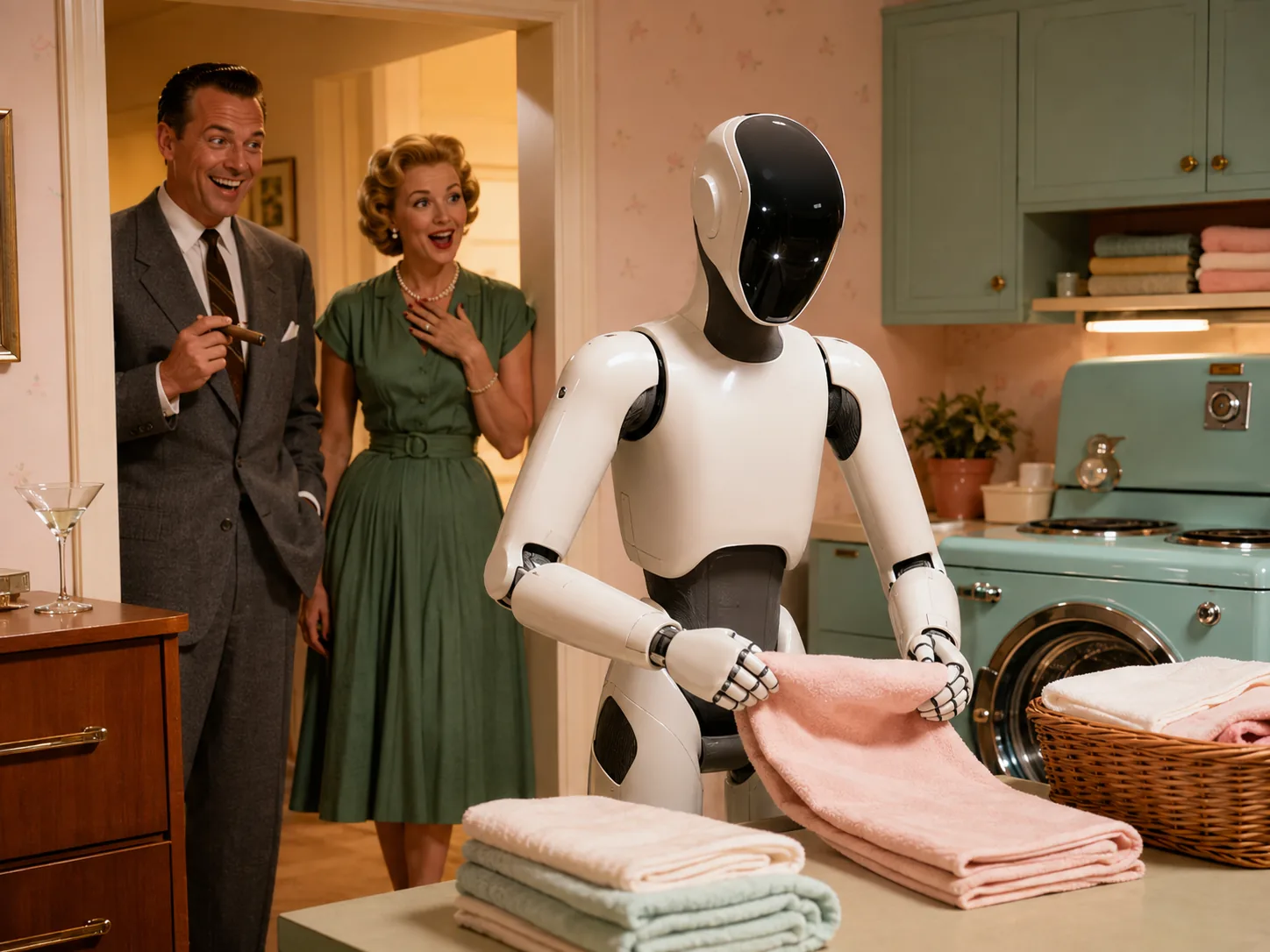 Period-style household scene with a modern robot handling laundry