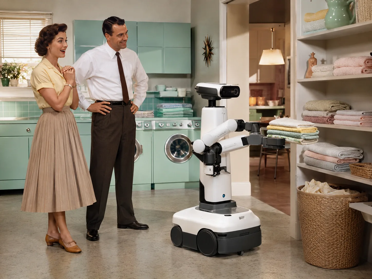 Period-style laundry room with a wheeled robot carrying folded towels
