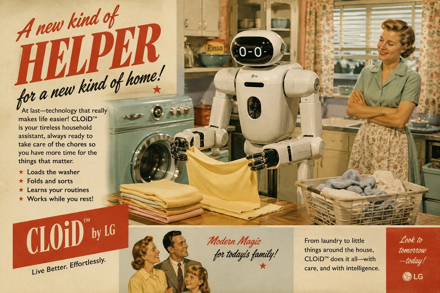 1950s-style RobotMaids editorial pastiche featuring a robot closely resembling LG CLOiD