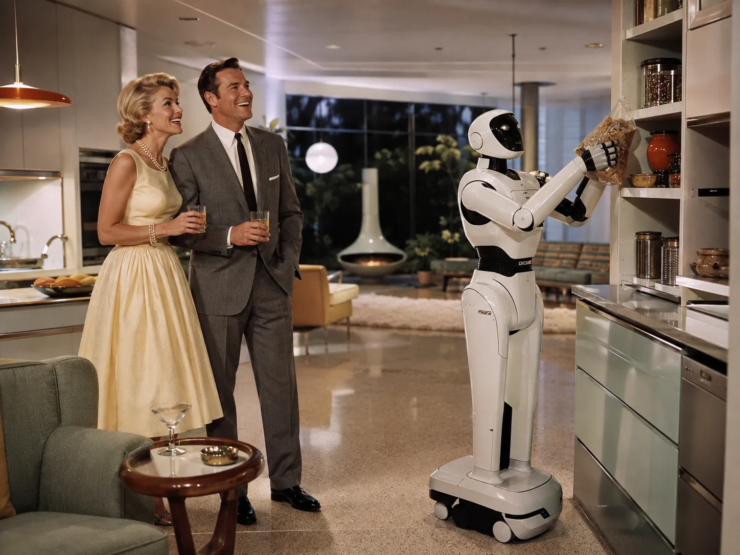 Period-style home scene with a modern humanoid robot putting groceries away